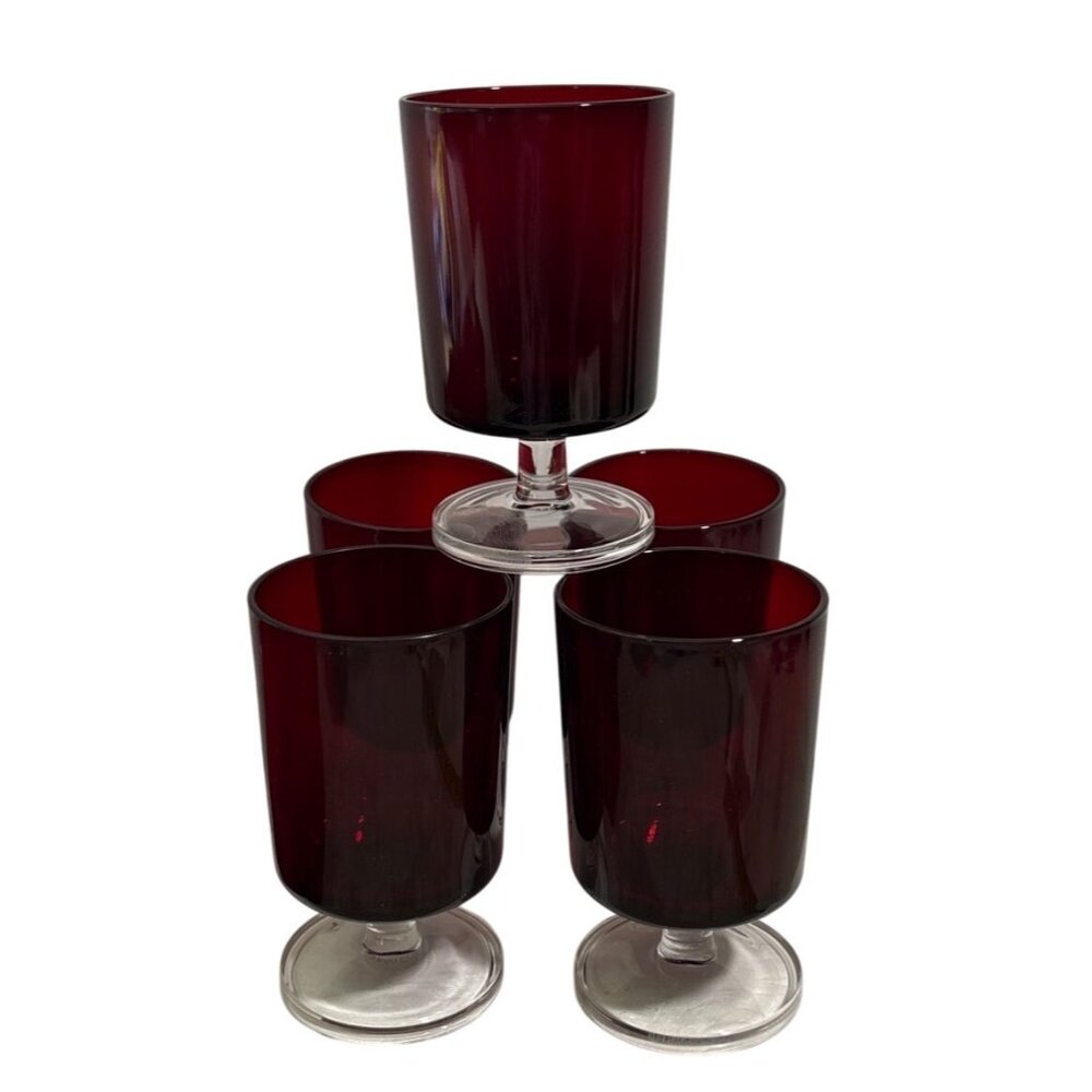 Ruby Red Wine Glasses With Clear Pedestal Base Set Of 5 Vintage
